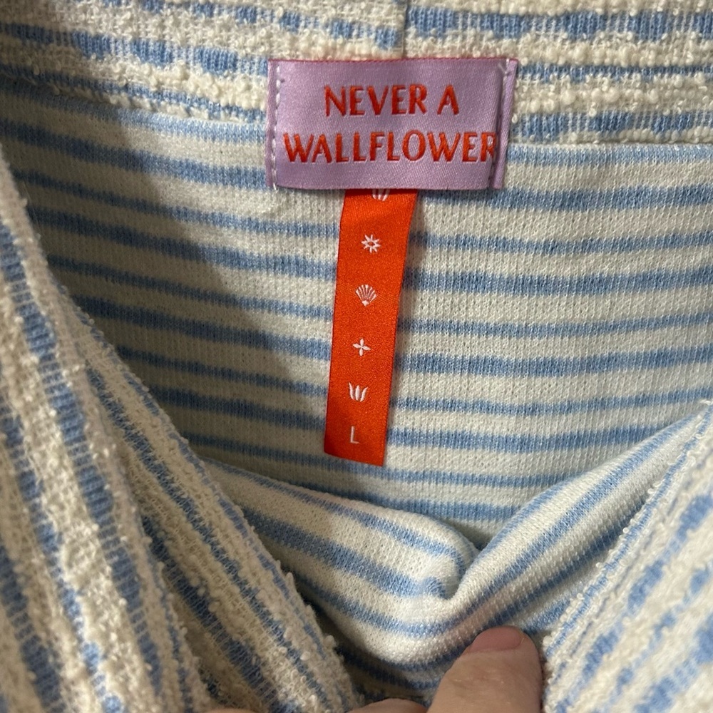 NWT Never A Wallflower Off the Shoulder Dress Beryl Knit Blue & White Size Large - Picture 5 of 7